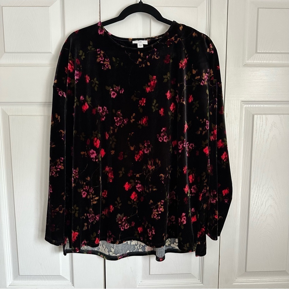 J Jill Shirt Womens L Velvet Dark Floral Long Sleeve Stretch Boho Whimsigoth